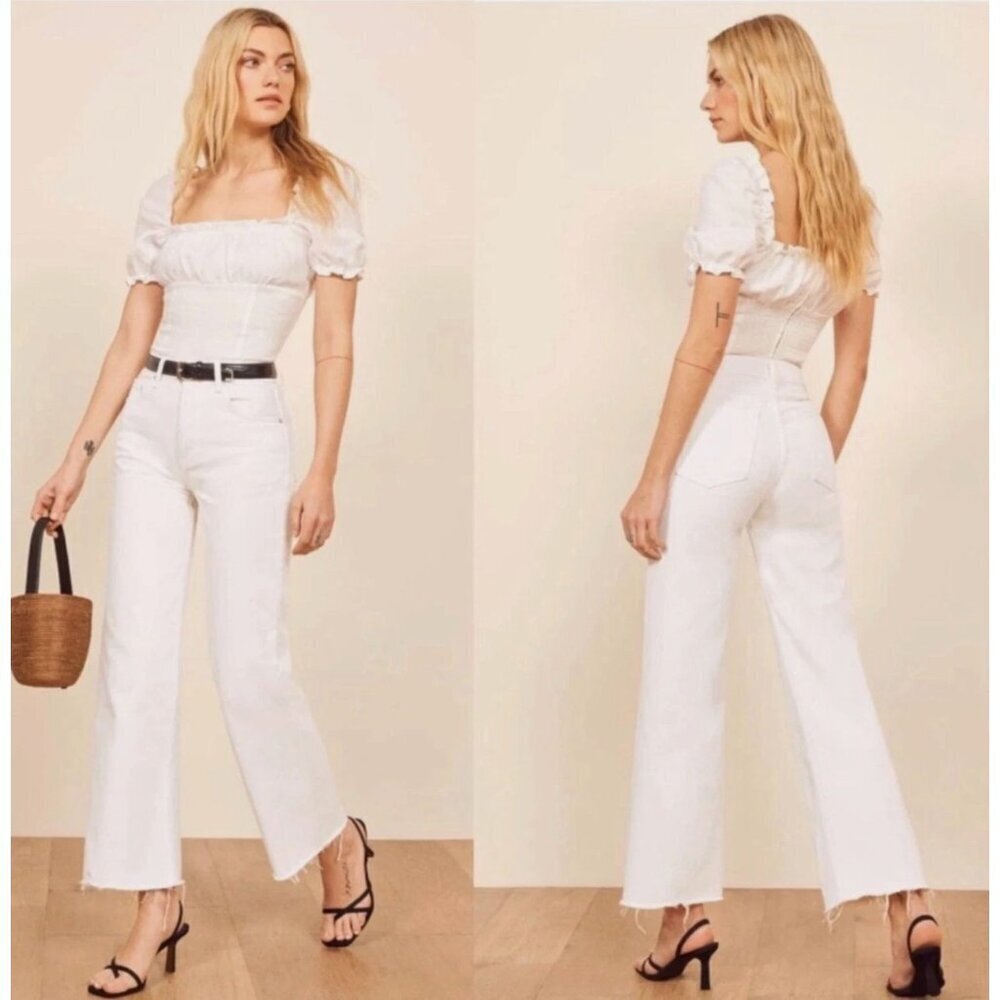Reformation Fawcett Wide Leg Jeans High Rise White Raw Hem Size 30